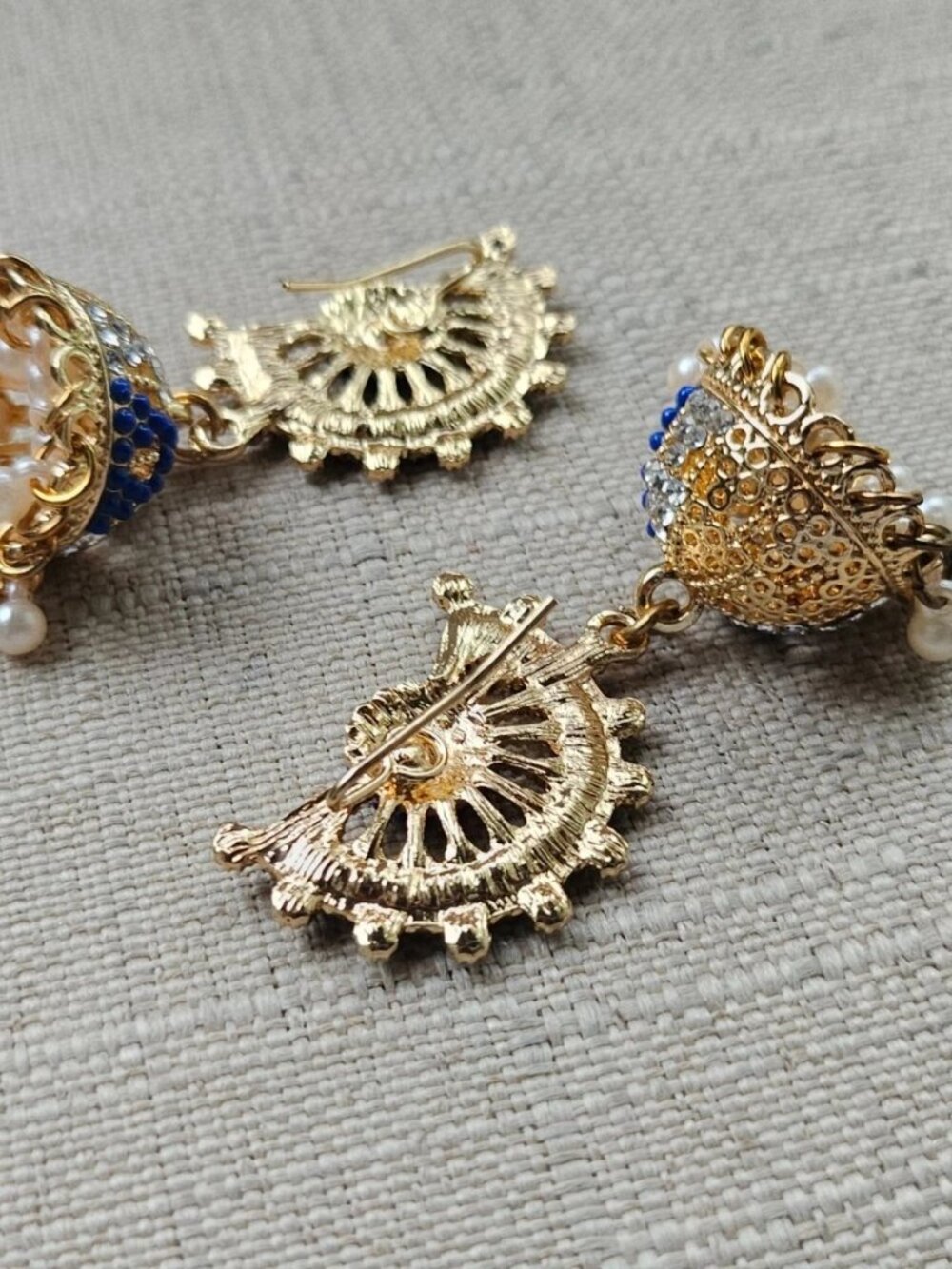 Jhumka Earrings Blue Tone Bead Gold Tone Chandelier High Quality Fashion Jewelry - Picture 10 of 12